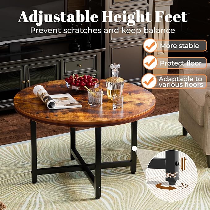 FAMIDGE Round Coffee Table, Small Coffee Tables for Living Room, Wood Coffee Table with Metal Frame, Floor Table Desk for Sitting on The Floor, Home, Office, Farmhouse, Rustic Brown (23.6"D x 17.7"H)