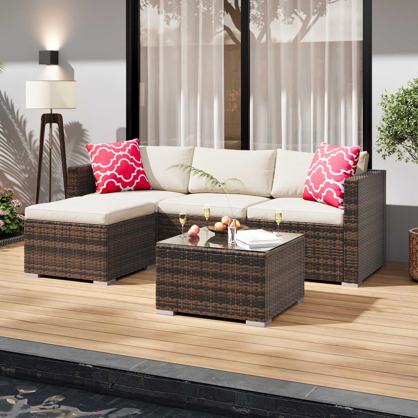 GAOMON 5-Piece All-Weather Patio Furniture Set, Convertible Outdoor Sectional Sofa with Ottoman & Tempered Glass Table, PE Rattan Conversation Set for Garden, Backyard, Porch, Poolside