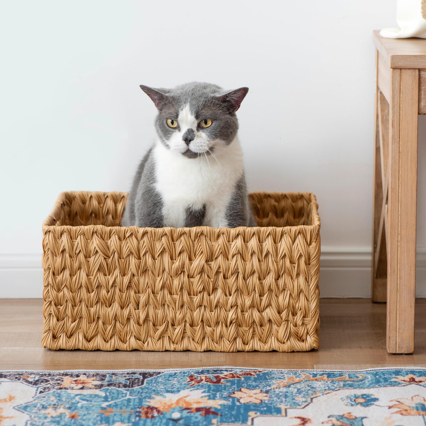 Suptinwear Jumbo Large Plastic Wicker Basket, Waterproof Rattan-Look Storage Basket with Handles, Extra Large Rectangular Woven Basket for Bathroom, Shelves, Closet & Laundry, 16.93"D x 12.99"W