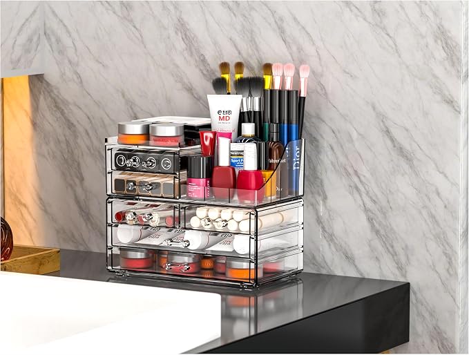 Cq acrylic Make Up Organizers for Vanity With 6 Drawers, 2 Pack Clear Drawer Organizers,Plastic Cute Desk Accessories Organization and Bathroom Organizers Storage Case Box Cube for Beauty,Skin Care
