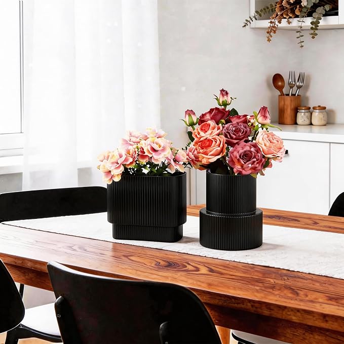 Black Glass Vases, Set of 2 Ribbed Glass Vases for Flowers, Modern Vase for Tulips, Black Vase for Living Room, Dining Table, Office, Entryway, Mantle, Bookshelf, Wedding Gifts