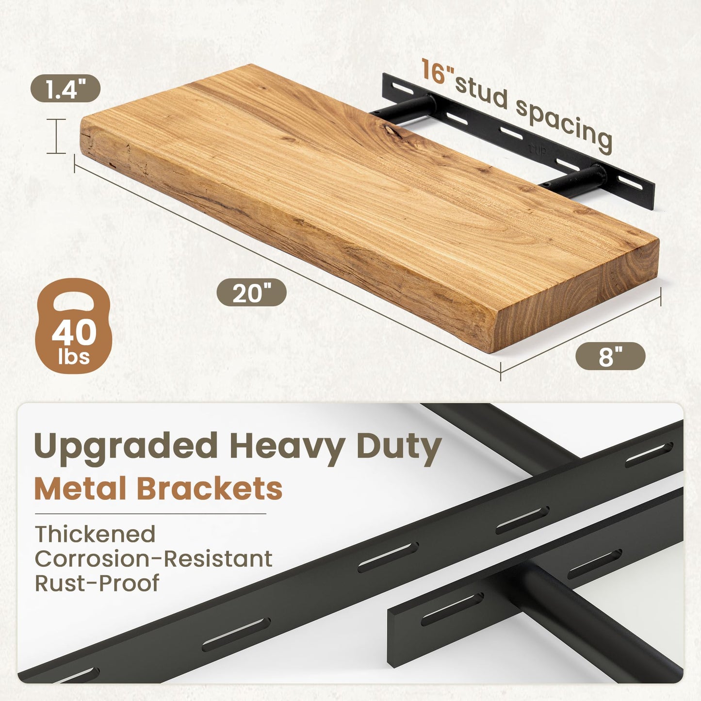 Floating Shelves for Wall, Solid Elm Wood 20 x 8 Inch Live Edge Floating Shelves Set of 2, Natural Edge Wall Shelves with Invisible Brackets, Rustic Wood Decor for Living Room Bedroom Kitchen, Natural