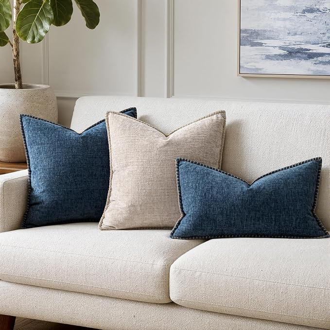 MIULEE Pack of 2 Lumbar Throw Pillow Covers 12x20 Inch Dark Blue Farmhouse Decorative Pillow Covers with Stitched Edge Soft Chenille Solid Dyed Pillow Covers for Couch Sofa Bed Living Room