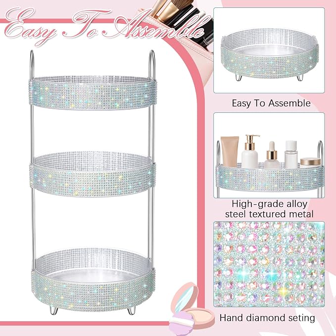 Honeydak 360 Rotating Perfume Organizer for Mother Day Nurse Day Rhinestone Bathroom Counter Organizer Makeup Holder Skincare and Perfume Storage for Cosmetic Countertop(3 Tiers,Resin Stone,Silver)
