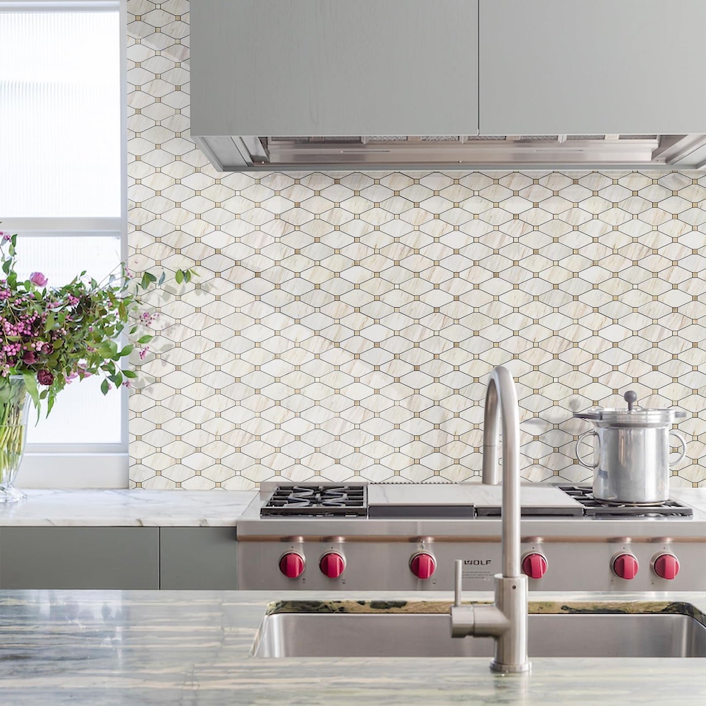 STICKGOO 10 Sheets Peel and Stick Backsplash, Polished Eurasia Biege Marble Look Kitchen Backsplash, Glossy Waterproof Stick on Backsplash for Kitchen Wall, Bathroom