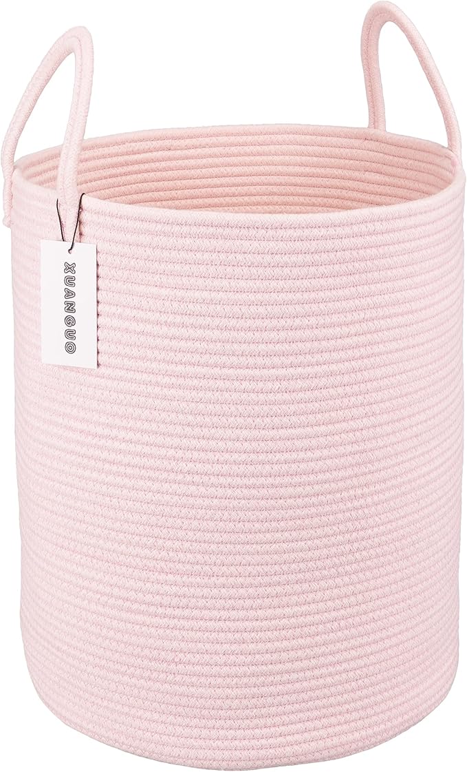 XUANGUO Cotton Rope Laundry Basket Hamper for Girls Kids Baby Nursery Hamper Bin Woven Storage Basket for Living Room Girls room Boho Tall Rope Baskets for Blanket Toys Large light pink