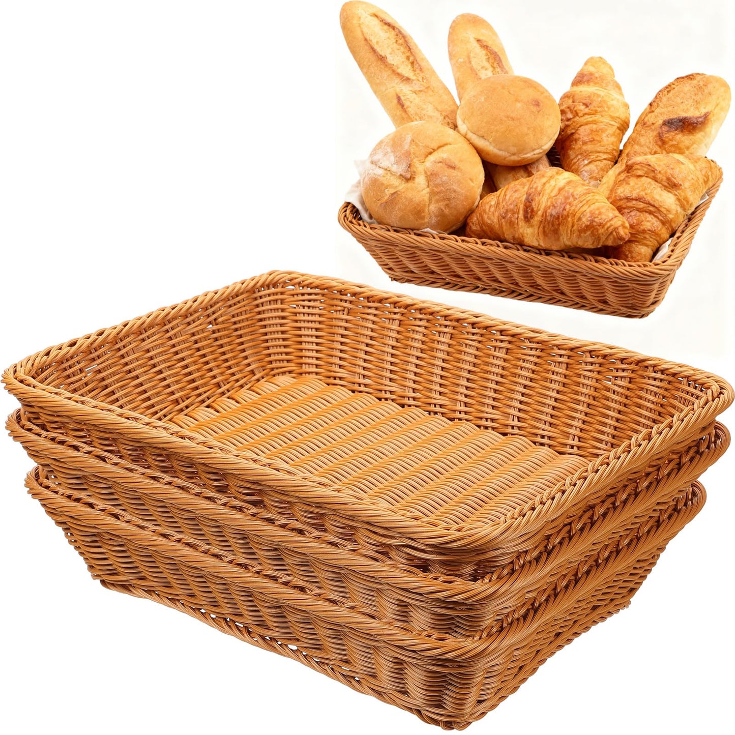 Retainbre 3 Pack Wicker Bread Baskets for Serving 15.8 Inch Rattan Tray Rectangular Display Baskets for Food Fruit Vegetables Snack Decorative Kitchen Restaurant Home