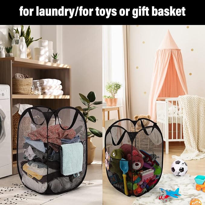 BATTOO Deluxe Strong Mesh Pop up Laundry Hamper Basket with Side Pocket for Laundry Room, Bathroom, Kids Room, College Dorm or Travel 3 Pack Black