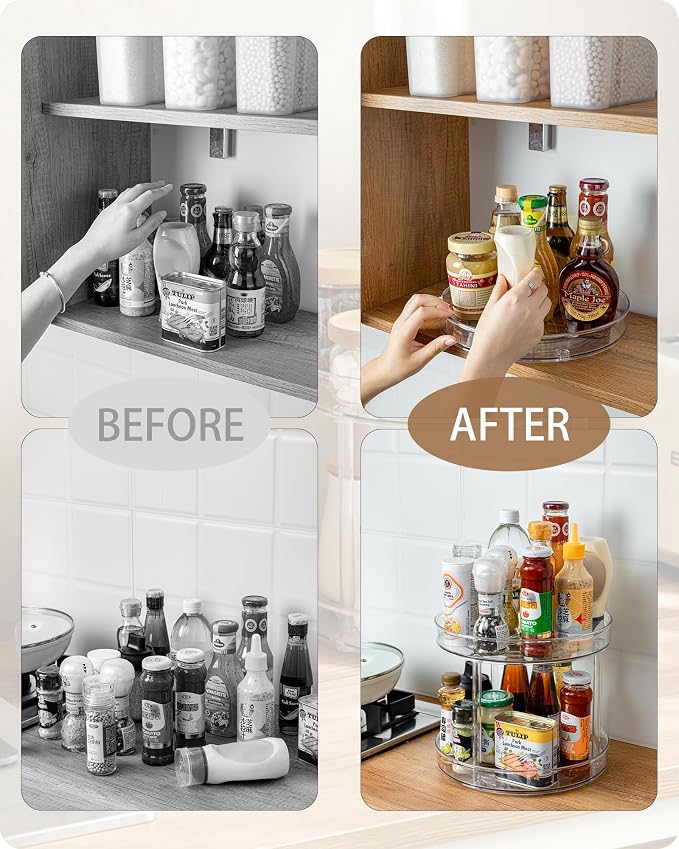 2-Tier Clear Lazy-Susan Turntable – 11-Inch Pantry Spice-Rack Cabinet-Organizer – Plastic Lazy Susan Makeup Organizer for Bathroom Countertop