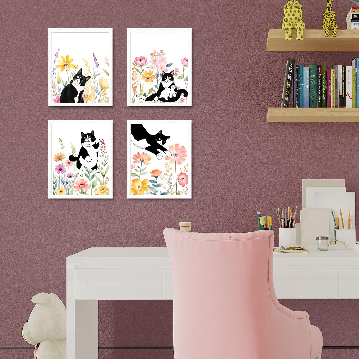 JINYO Wildflower Black and White Cat Wall Art Prints Set of 4, Black Cat Room Home Decor, Funny Cute Tuxedo Kitty Kitten Floral Botanical Posters Pictures Wall Decor, 8x10 Unframed