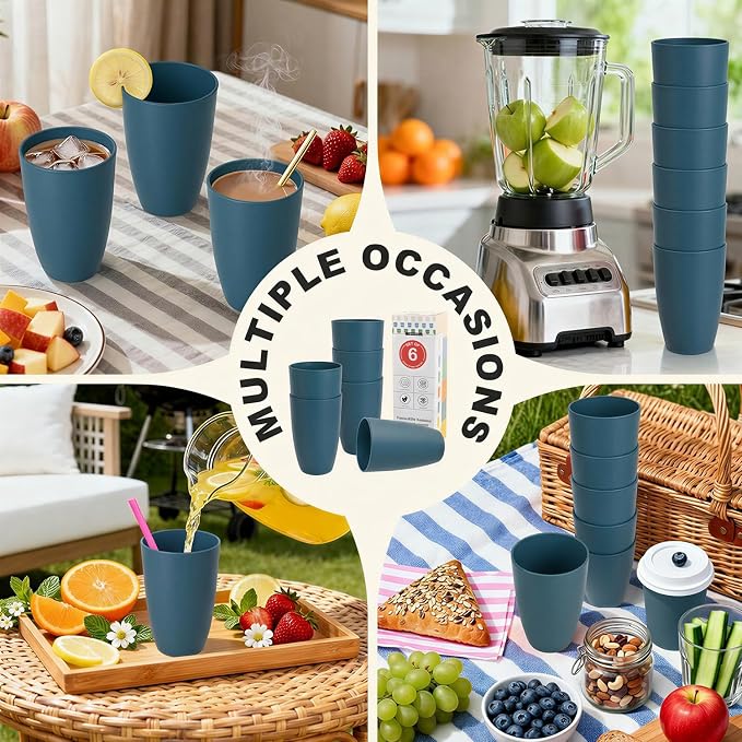 Large 20 OZ Wheat Straw Cups, Unbreakable Drinking Glasses Set of 6, Alternative to Reusable Plastic Cups, Dishwasher Safe Tumblers for Kitchen Outdoor Camping RV, Blue