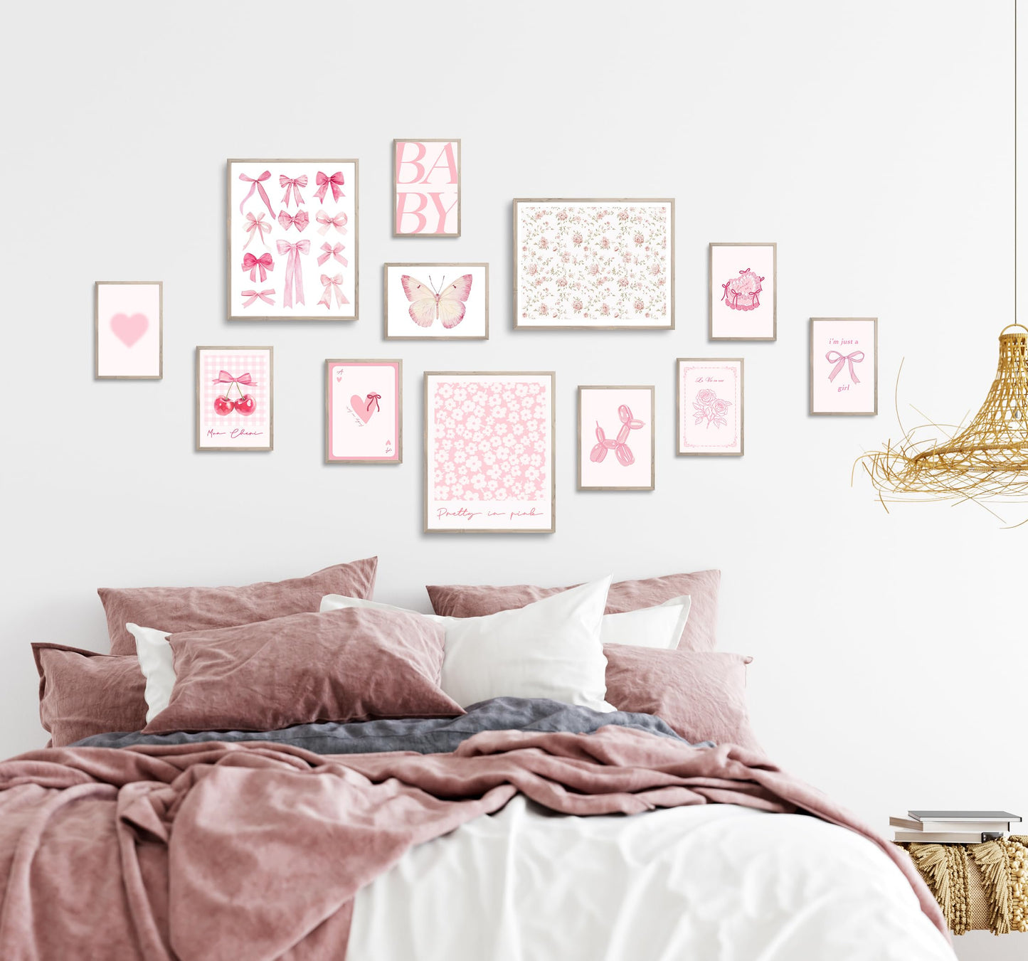 TwoDays Pink Coquette Room Decor Aesthetic, Light Pink Bows Wall Art Posters, Trendy Pictures for Girls Dorm, Funky Girly Prints for Bedroom. (Multi Sizes, 8" X 10" Largest, Set of 12, UNFRAMED)