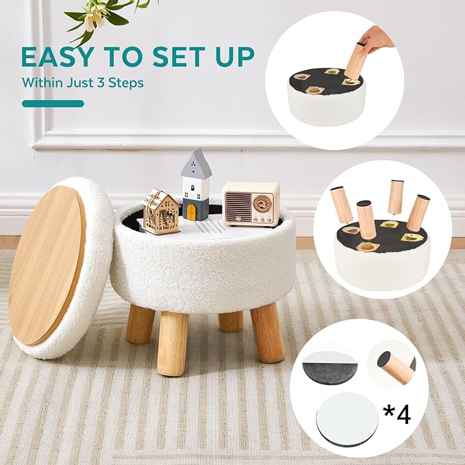 Small Ottoman with Storage, Small Storage Ottoman Round, Sherpa Foot Stool with Legs, Ottomans and Footstools for Living Room and Entryway (White)
