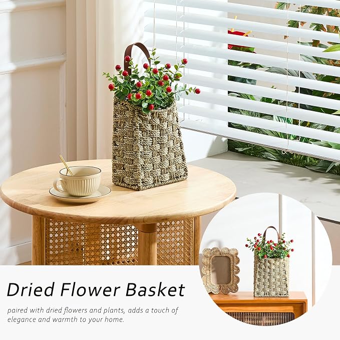 Wall Hanging Pocket Basket Portable Seagrass Storage Basket Decorative Boho Mounted Organizer Dried Flower Plants Front Door Basket for Garden Farmhouse Home