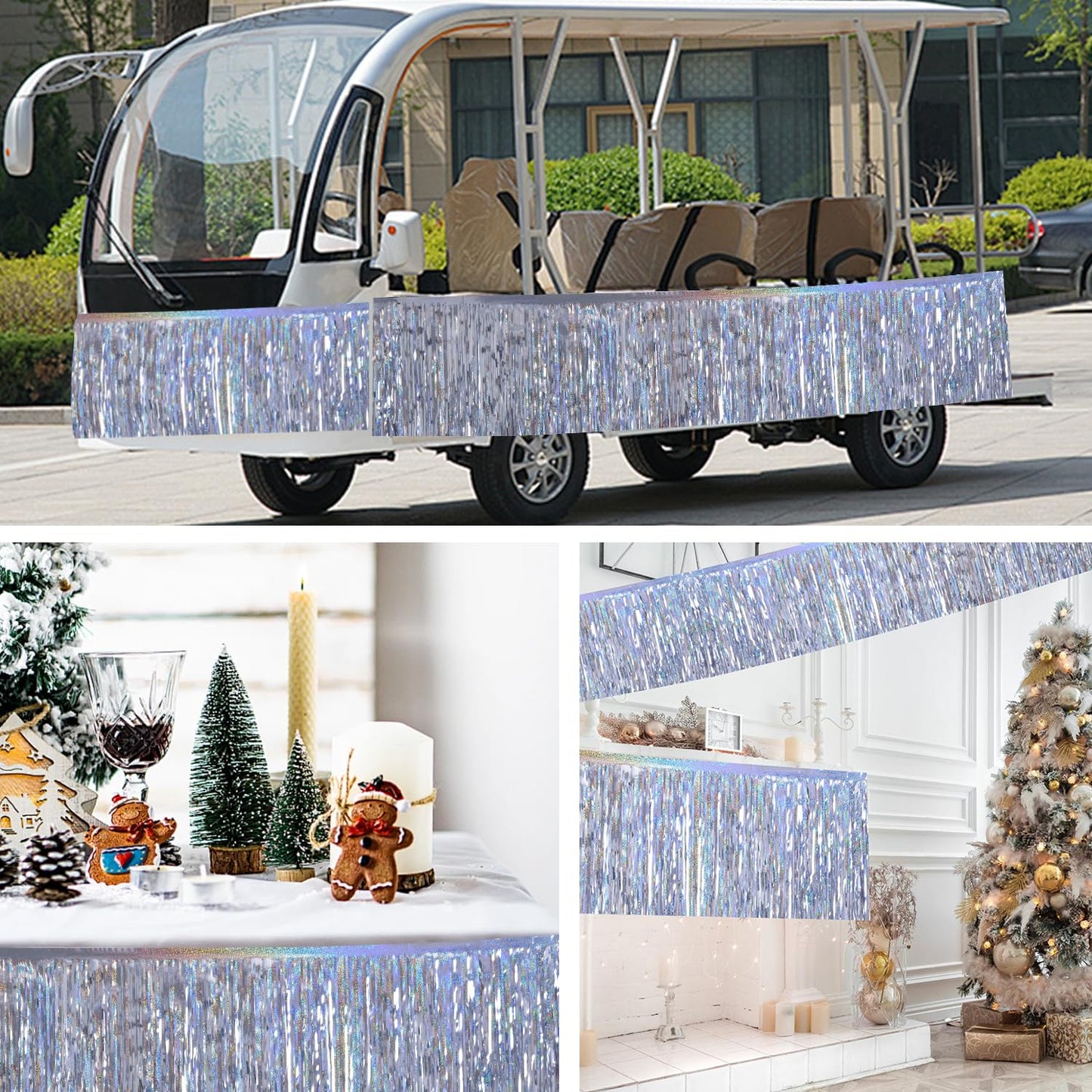 YUKL Laser Silver Streamers Party Decorations 4Pack 48FT Table Skirt Tinsel Garland Metallic Parade Float Decorations Ceiling Backdrop Curtain for Wedding Birthday Party Decoration Halloween Christmas