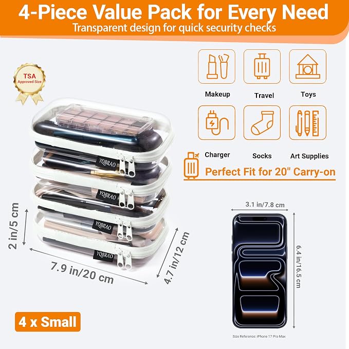 YQBRAO 4-Pack Clear Hard Shell Zipper Case, 1.2mm Ultra-Thick Diaper Bag Organizer Pouches, Rigid Self-Standing Travel Makeup Bags with YKK Zippers, TSA Approved, White