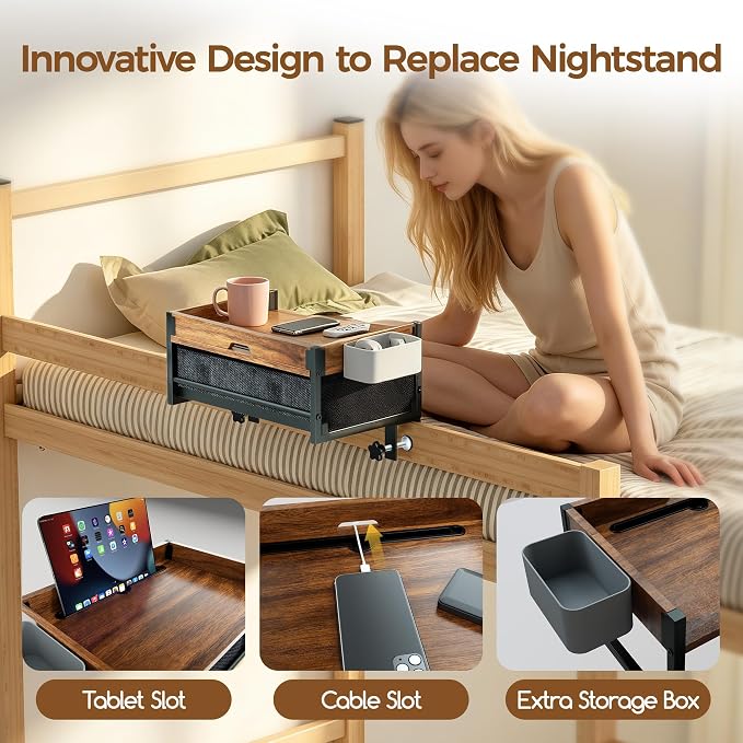 Bedside Shelf for Dorm Room, 2 Tier Clip On Bed Side Table Loft Shelf for Bunk Bed, Bedside Tray with Cable Management, Under Mattress Bedside Shelf, Back to School