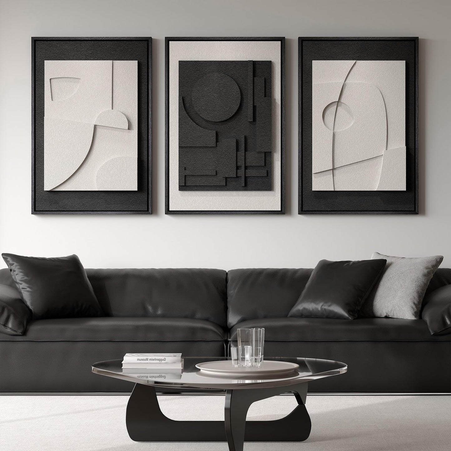 Large 3D Textured Framed Black and White Abstract Wall Art, 3 Piece Modern Wall Paintings Artwork for Walls, Minimalist Black White Geometric Pictures for Living Room, Hallway, Dining Room Wall Decor