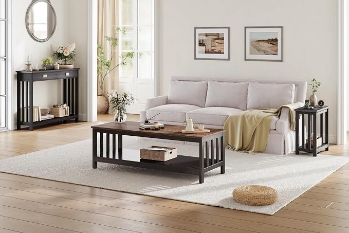 ChooChoo Mission Coffee Table, Wood Living Room Table with Shelf, 47 inch, Espresso