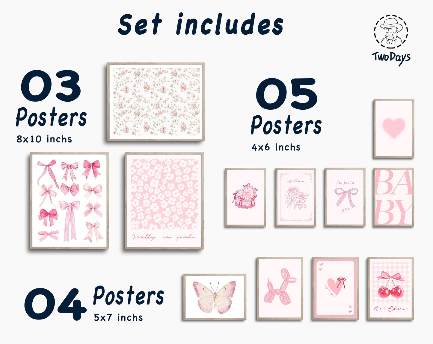 TwoDays Pink Coquette Room Decor Aesthetic, Light Pink Bows Wall Art Posters, Trendy Pictures for Girls Dorm, Funky Girly Prints for Bedroom. (Multi Sizes, 8" X 10" Largest, Set of 12, UNFRAMED)