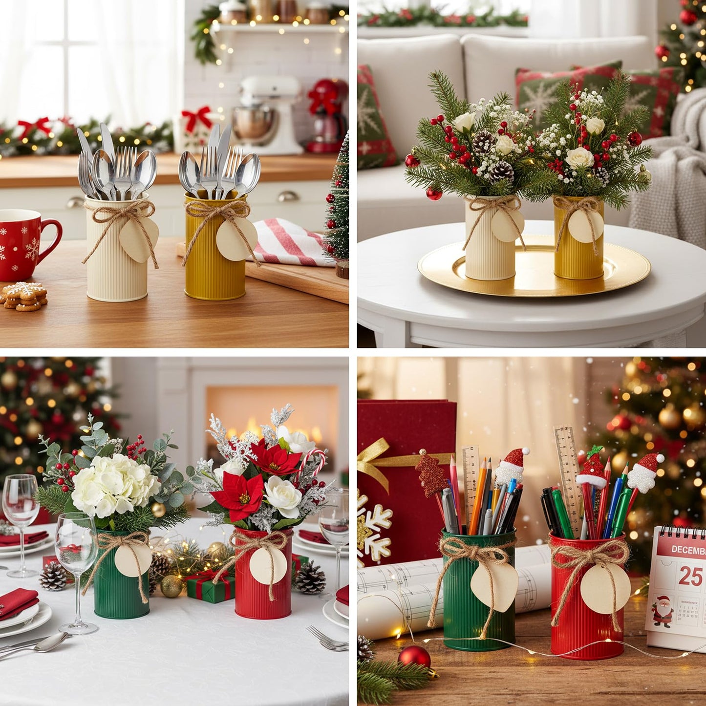 Acellegic 8 Pack Christmas Table Centerpieces Farmhouse Rustic Galvanized Metal Vases Decor Flower Buckets Mason Jar Utensil Holder with Twine Bow & Wooden Cutouts for Xmas Holiday Table Decor