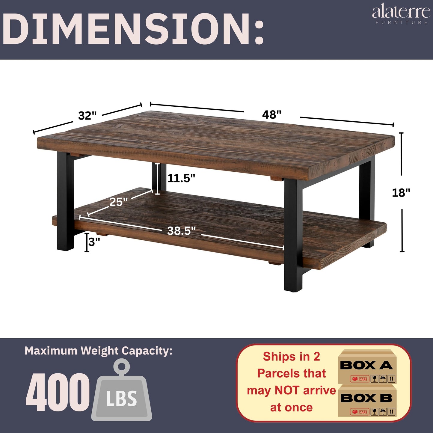 Alaterre Furniture Pomona Living Room 48 Inch Rectangular Solid Wood Coffee Table with Storage Shelf & Metal Legs – Rustic Industrial Farmhouse Large Living Room Table (Rustic Brown)