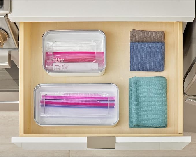 iDesign Sandwich Bag Organizer - Plastic Food Storage Bag Holder for Kitchen Drawer, Clear/White