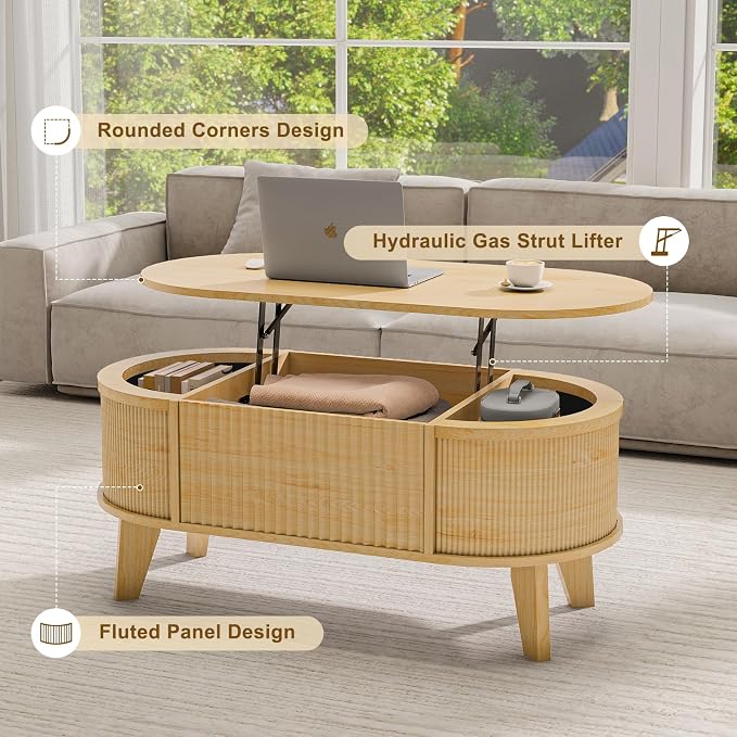 LYNCOHOME Fluted Lift Top Coffee Table with Storage,Modern Oval Coffee Table for Living Room Or Home Office（Natural）