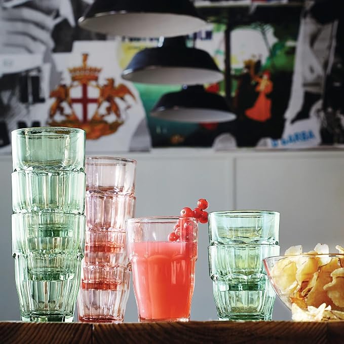 Bormioli Rocco Rock Bar 12.5 oz. Long Drink Stackable Tempered Beverage Glasses for Cold Drinks, Water, and Cocktails, Set of 6, Peach
