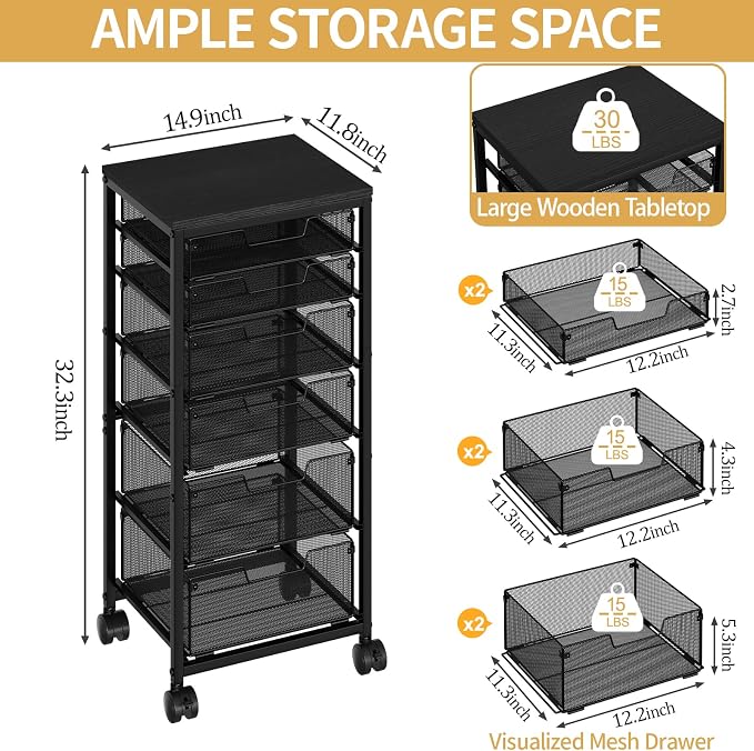 Sbanmao 6 Drawers Rolling Utility Cart, Rolling Storage Cart with Wooden Tabletop, Storage Drawer Cart on Lockable Wheels, Craft Cart for Bedroom, Classroom, Office, Black