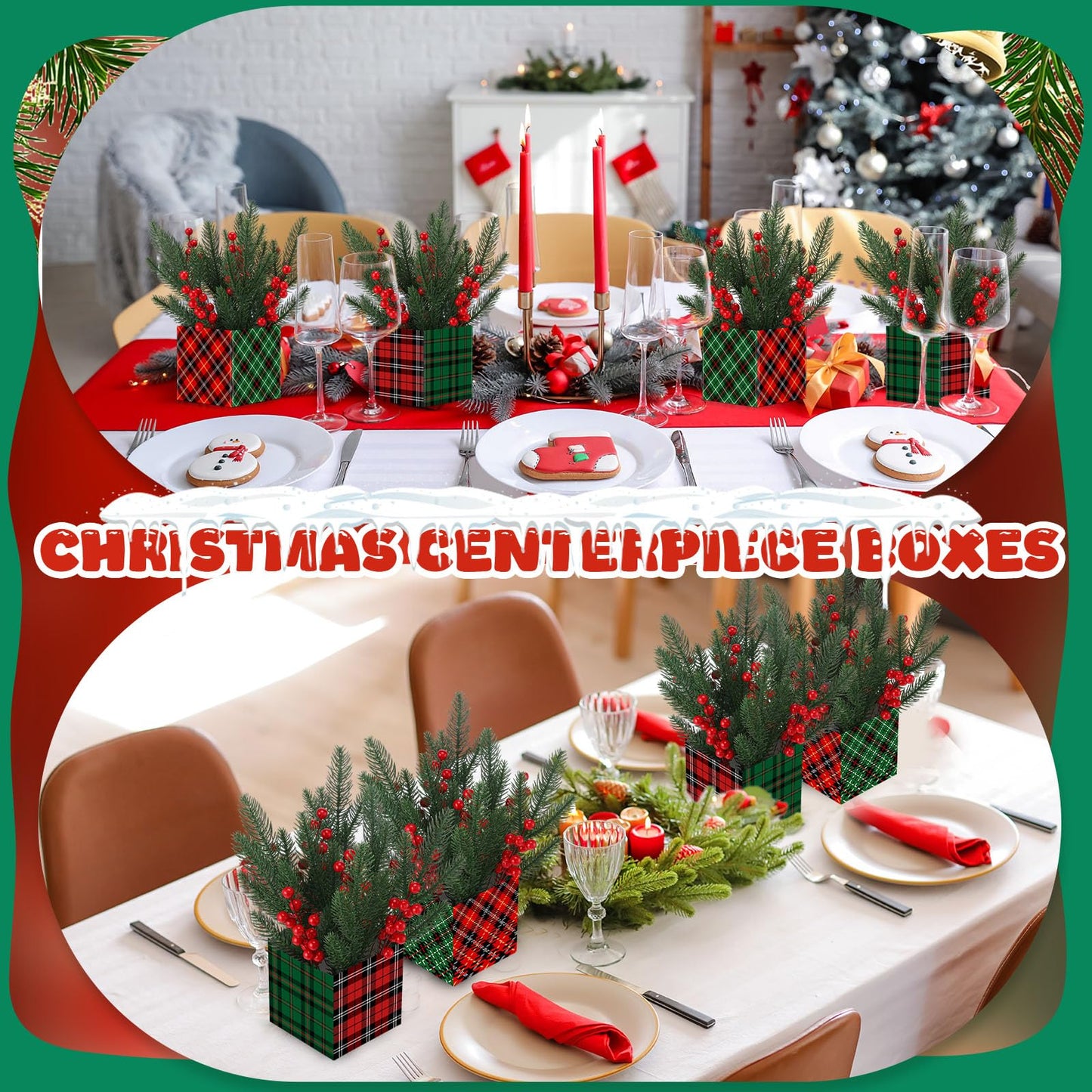 Zeyune 4 Set Christmas Centerpiece for Table Bulk, 4.7 Inch Xmas Centerpiece Decoration Ideal with Artificial Pine Branches and Red Berries Stems for Xmas Party Indoor Home Decor (Christmas Plaid)