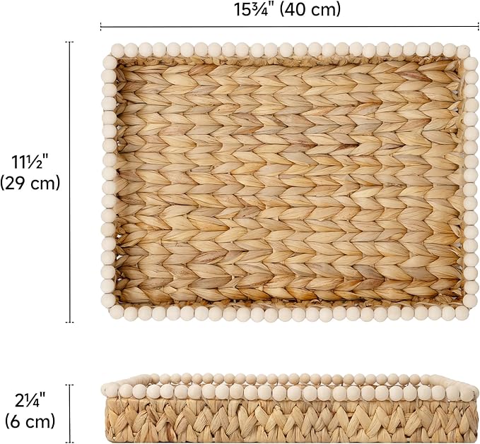 StorageWorks Rectangle Decorative Trays for Home Decor Farmhouse, Wicker Coffee Table Tray Decor with Wooden Beads and Handles, Large Woven Dining Room Decor Tray for Kitchen Counter, Living Room