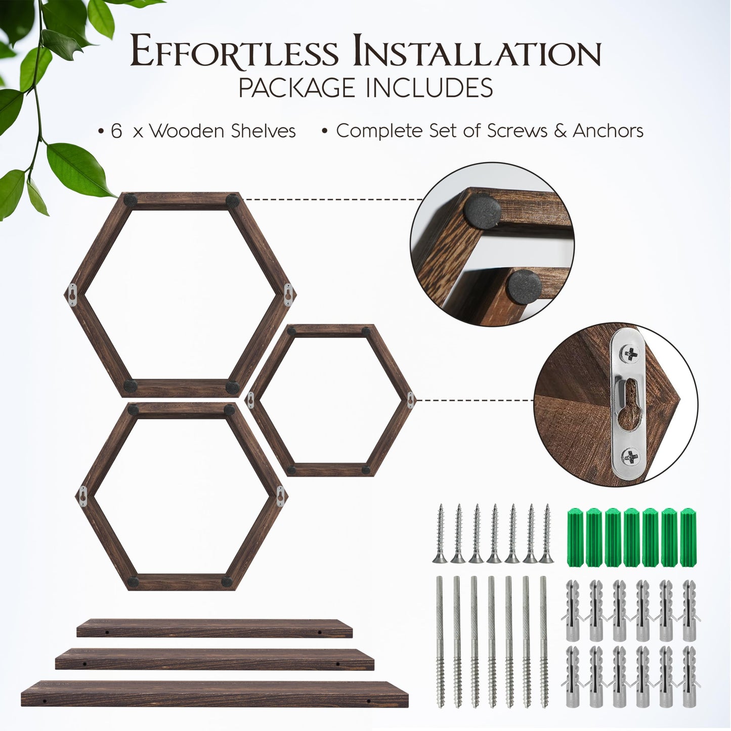 Decovate Hexagon Floating Shelves Set of 6 Honeycomb Shelves for Wall, Wooden Hexagon Shelves for Farmhouse Storage (Rustic Brown)
