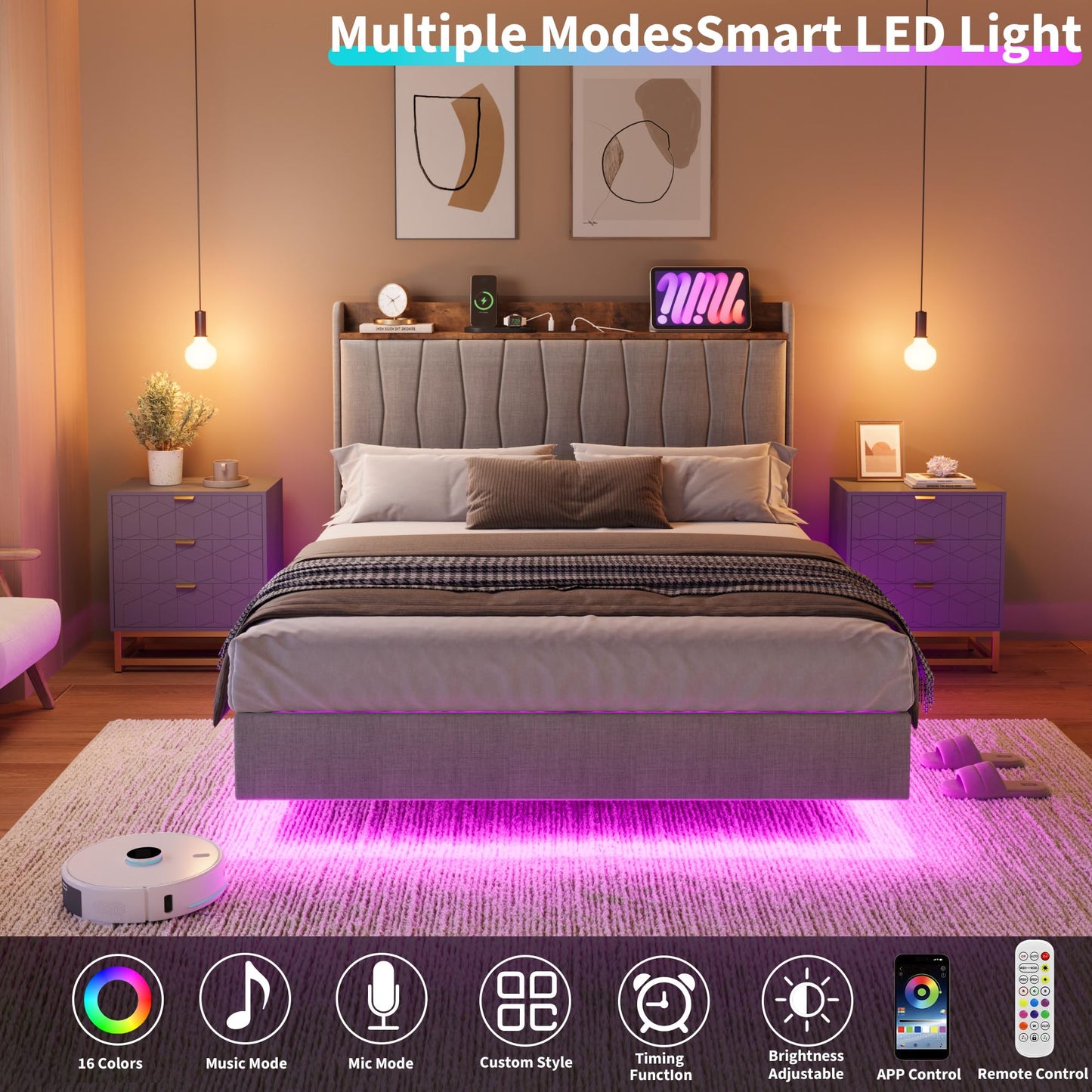 GarveeHome Floating Bed Frame King with LED Lights & USB Charging Station – Modern Upholstered Platform Bed with Headboard, Solid Wood Slats Support, No Box Spring, Easy Assembly, Noise-Free, Grey