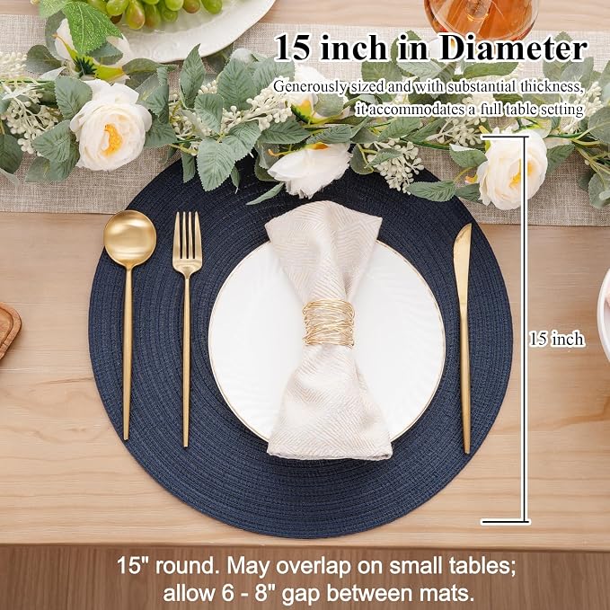 SHACOS Round Placemats Set of 6 Washable 15 inch Circle Polyester Woven Braided Place Mats for Dining Table Indoor Outdoor Table Mats Home Party Wedding Decor (Navy, 6)