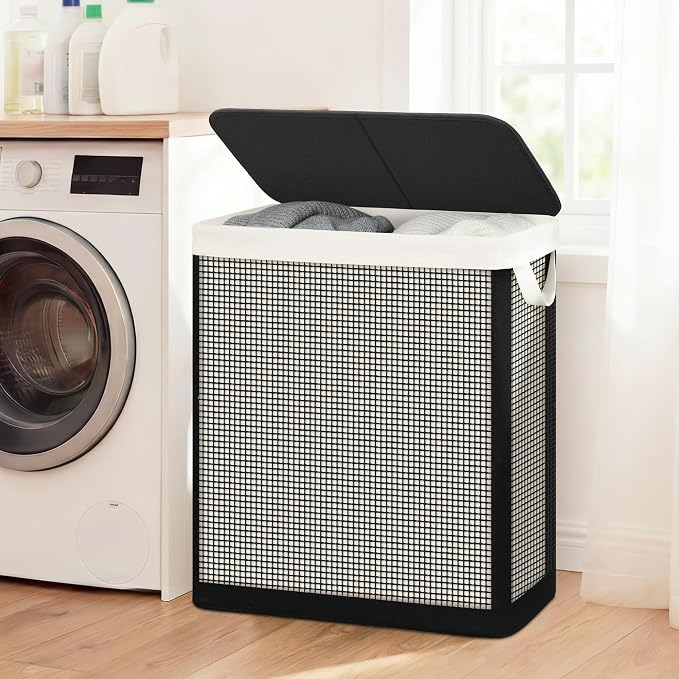 STO STO Double Laundry Hamper with Lid, 140L Large 2 Section Laundry Sorter, Laundry Basket with Removable Washable Canvas Liner Bag, Breathable Clothes Hamper for Bedroom Bathroom Laundry Room Closet