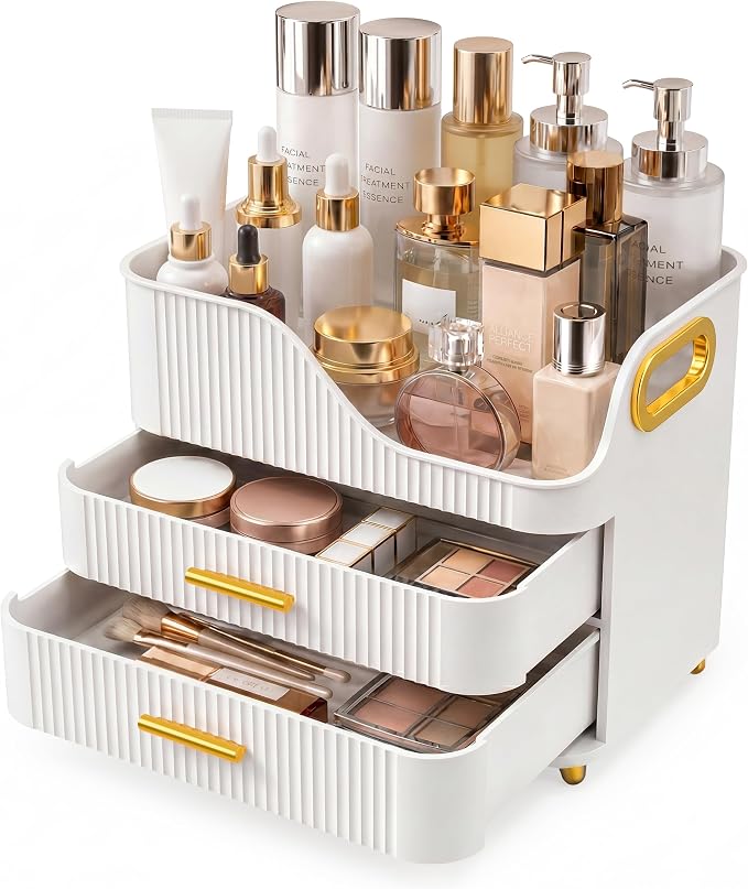 Booklov Countertop Makeup Organizer with Drawers, 3 Tier Large Cosmetic Storage Box for Vanity, Bathroom Counter, Dresser, Skincare Display Case for Lipsticks, Beauty Palettes, Teen Girl Gifts, White