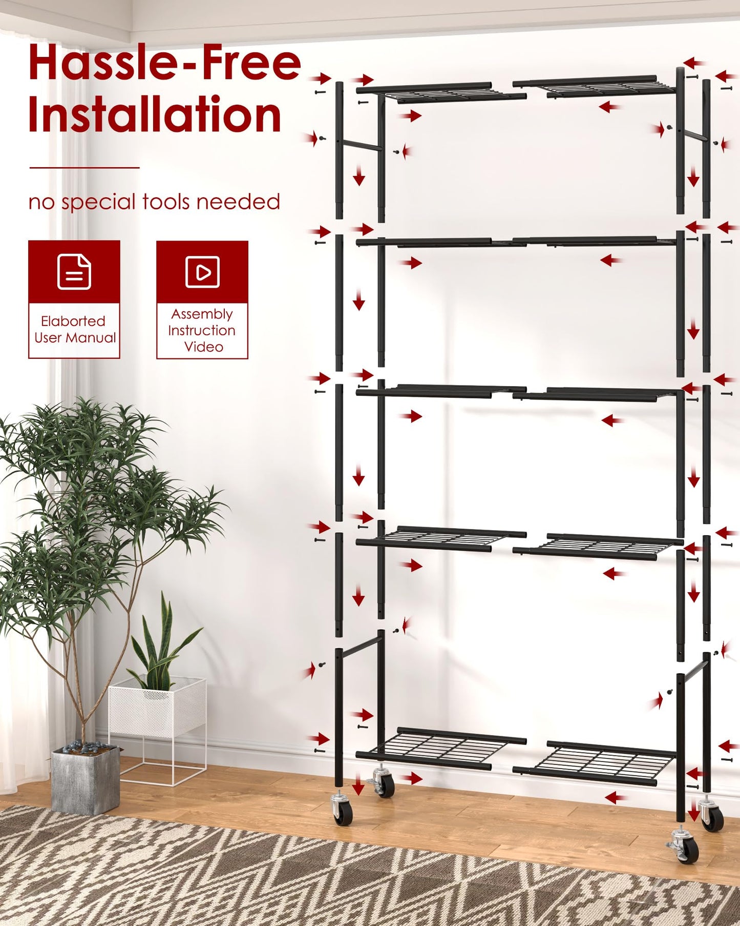 Sakugi Storage Shelves Organizer - 5 Tier Metal Shelf Organizer with Metal Wheels and Adjustable Leveling Feet, Heavy Duty Garage Shelving for Kitchen, Pantry and Closet, 33.1"x12.6"x73.5", Black