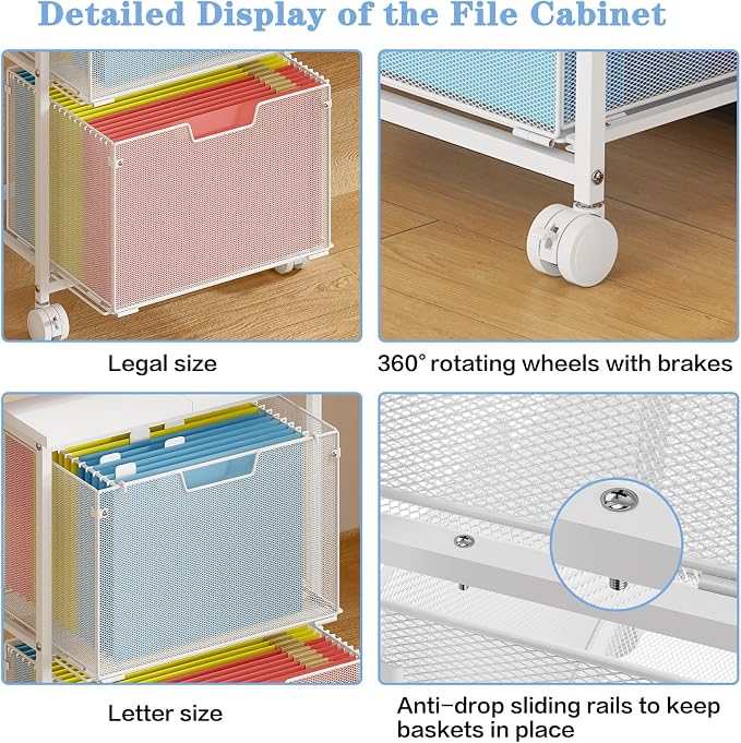 Sbanmao Letter/Legal Rolling File Cabinet, Rolling File Cart with 2 Drawers Filing Cabinet for Home Office, Hanging File Folders Organizer for Under Desk Storage, Mobile Printer Stand, White
