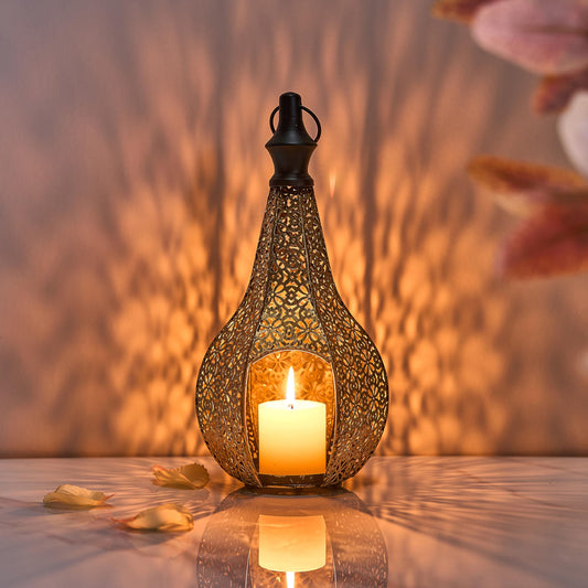 11.6inch Moroccan Lantern Lamp Decorative Candle Holders for Ramadan Decorations, Hanging, Outdoor Patio or Porch, Indoor Home Decor Gold