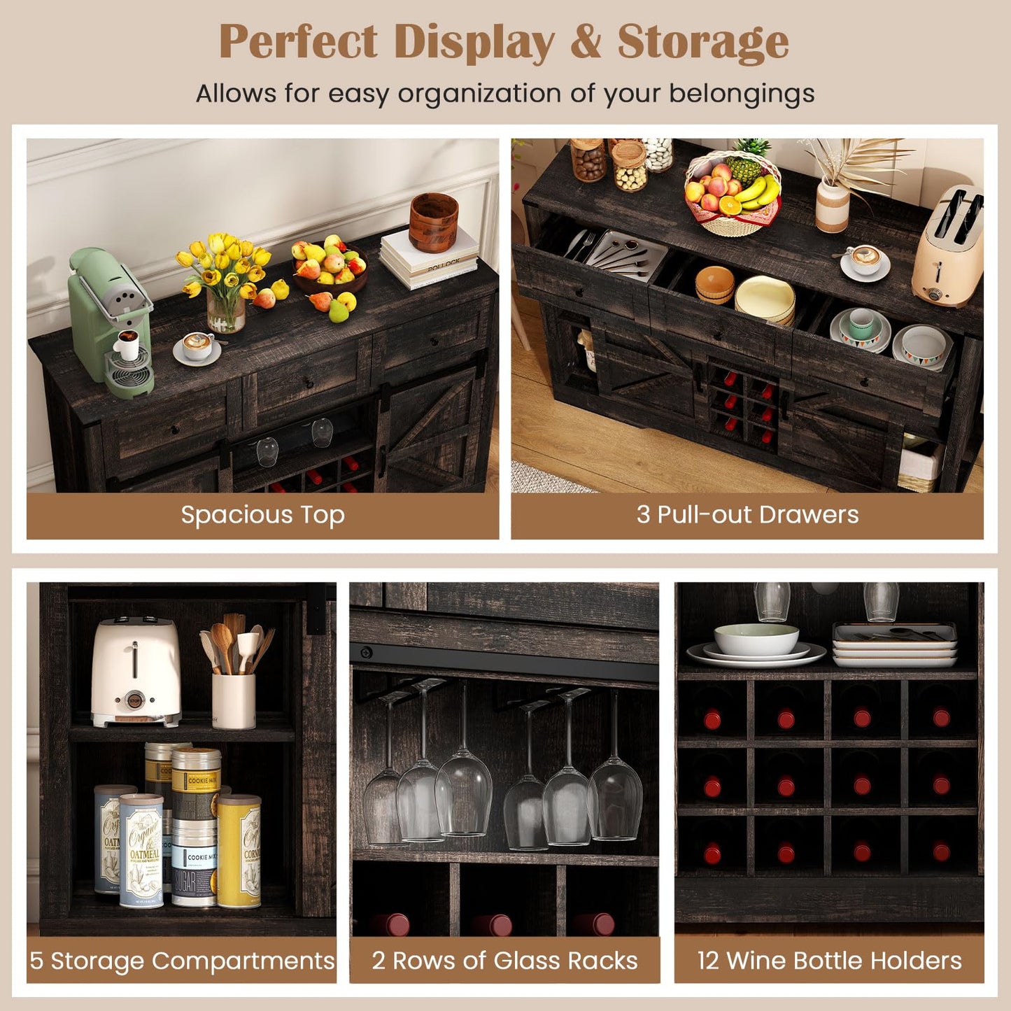 Giantex Wine Bar Cabinet with LED Lights, 52" Buffet Sideboard w/Sliding Barn Door, 3 Drawer, Adjustable Shelf, 12 Bottle Wine Rack & Glass Holder, Farmhouse Coffee Station for Living Room