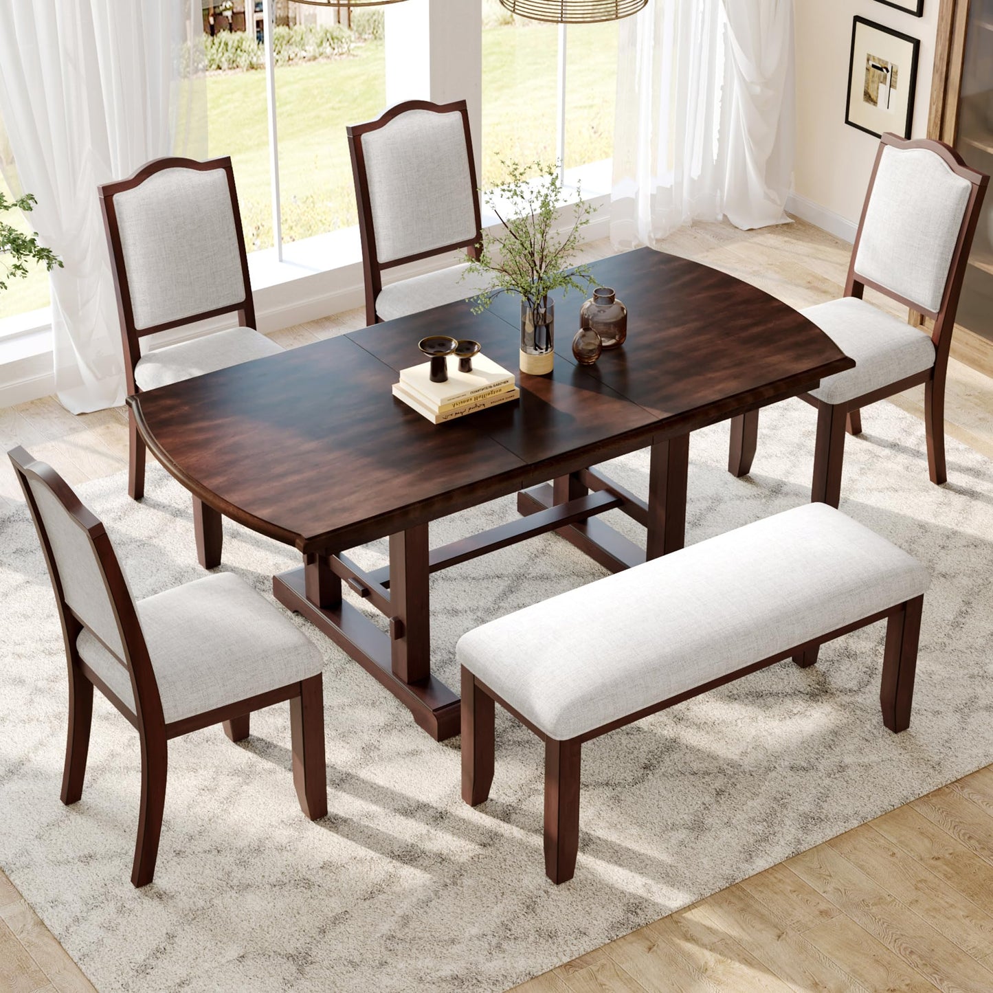 Merax 6-Piece Extendable Wood Dining Table Set, 60 inch to 78 inch with Removable Leaf, Kitchen Set for 6 with 4 Upholstered Side Chair and Bench, Cherry
