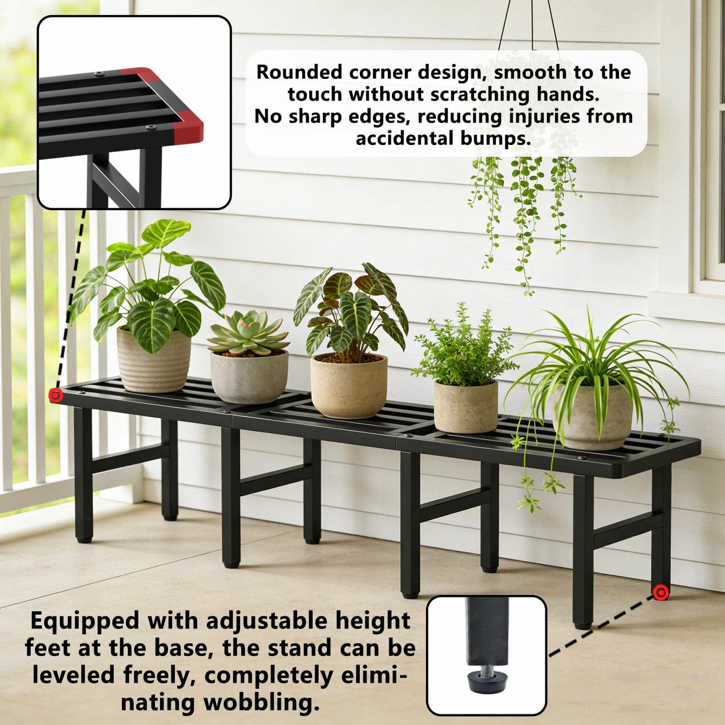 Umi.pzsy Modular Metal Plant Stand, Heavy Duty Expandable Plant Pot Shelf with Anti-Rust Coating, Adjustable Feet & Rounded Corners, Indoor Outdoor Plant Rack for Patio Balcony Living Room, Black