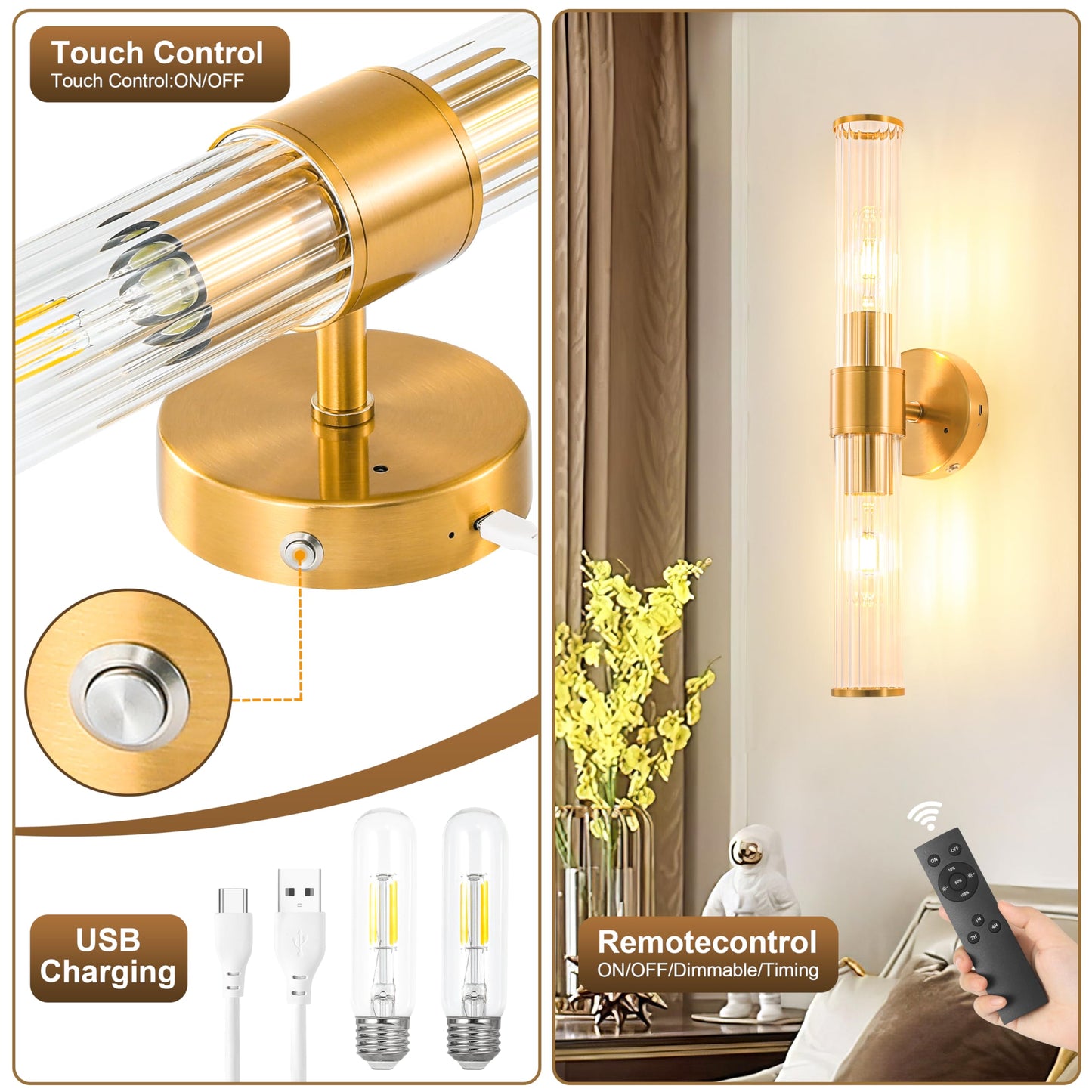 Morauroral Gold Battery Operated Wall Sconces Set of Two, Rechargeable Wall Sconce with Dimmable Remote Control, 20 Inch Wireless Sconce Wall Light for Bedroom, Living Room (Bulbs Included)