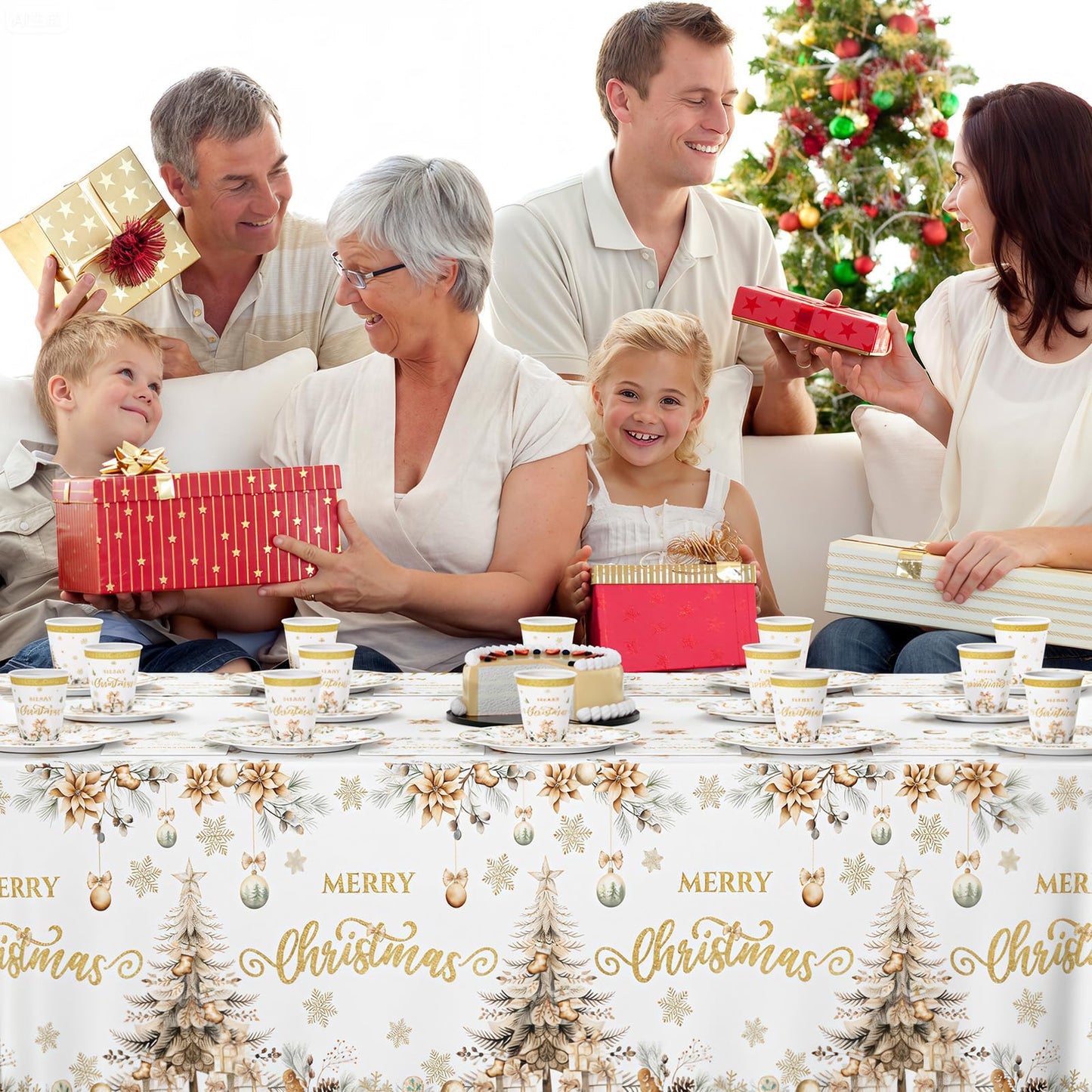 MEHOFOND Christmas Party Supplies193PCS, Gold Christmas Tree Disposable Dinnerware Paper Plates, Napkins, Cups, Cutlery,Tablecloth for Xmas Holiday Party Decor, Serve 24 Guestst