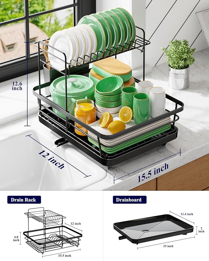 Kitsure Dish Drying Rack for Kitchen Counter, Stainless Steel Sink Organization and Storage Essentials with Cutlery Holder, Home and Appartment Decor, 12''W x 15.5''L, 2 Tiers, Black