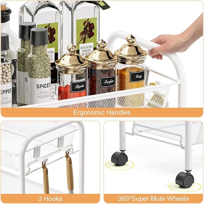 TOOLF 4-Tier Rolling Cart, Metal Utility Cart with 3 Hooks, Easy Assemble Mobile Storage Trolley On Wheels, Metal Shelving Units Kitchen Bathroom Laundry Room