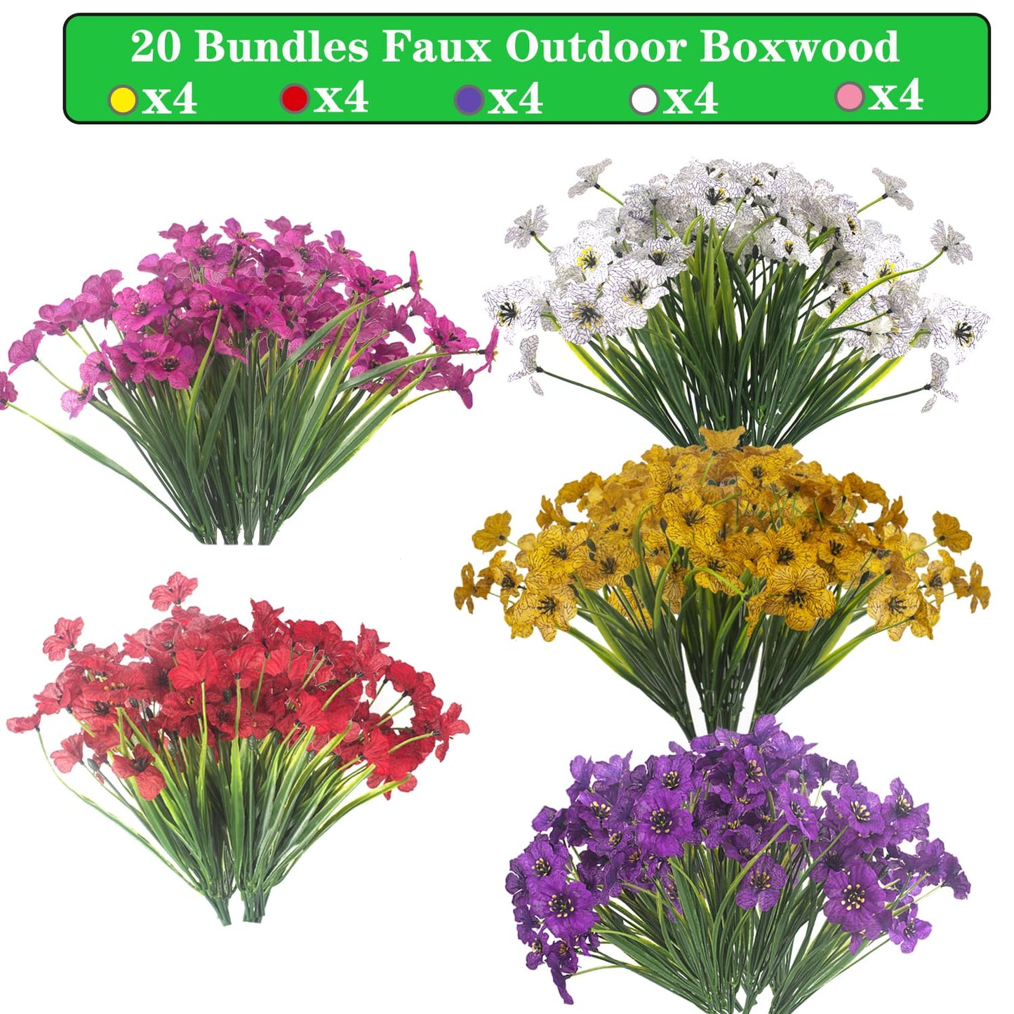 Grunyia 20 Bundles Artificial Flowers, Outdoor Indoor UV Resistant Fake Flowers No Fade Faux Plastic Plants Garden Porch Window Box Decoration