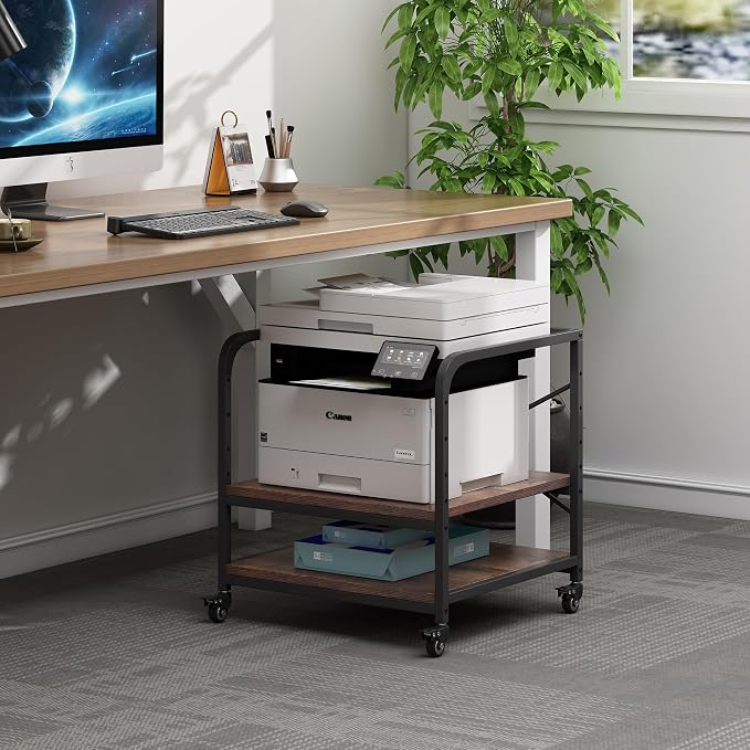 Fannova Under Desk Printer Stand, 20 Inches Deep Large Printer Table with Height Adjustable Storage Shelf, 2 Tier Rolling Printer Cart with Wheels for Home Office - Rustic Brown