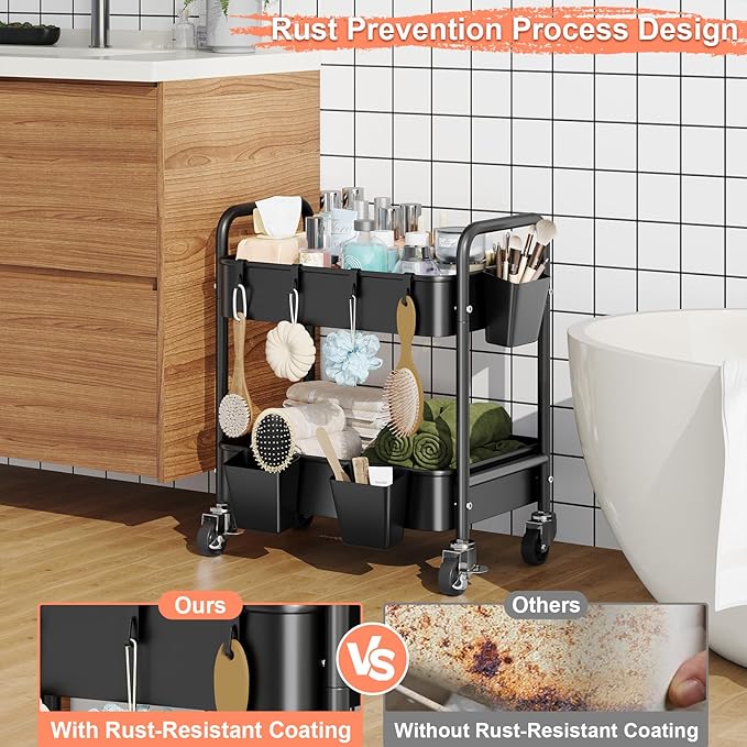 2 Tier Small Rolling Cart Metal with Wheels, Black Under Desk Storage Carts on Wheels, Short Utility Roller Shelf Trolley Organizer for Pantry, Kitchen, Office, Two Tiered Mobile Side Table, 22in Tall